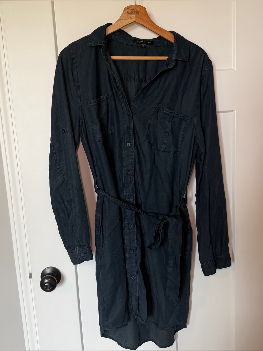 Velvet Heart Blue Denim Shirt Dress with Tie Waist Womens Small EUC Long Sleeve
